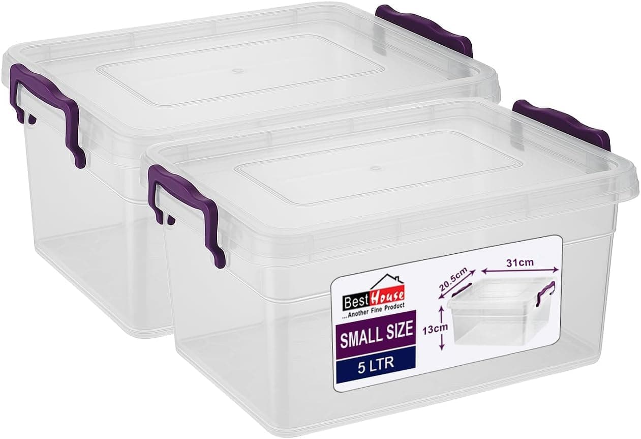 BH | 5L - Small Plastic Storage Box Bin with Lids - Pack of 2 | Stackable Clear Plastic Storage Container Use for Home, office, Kitchen, Toys and Goods (5 Litres) - By BEST HOUSE