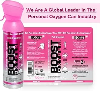 Boost Oxygen Portable Oxygen Cylinder with 95% Oxygen - 20L, 4x5L Oxygen Canister with Oxygen Mask for More Than 400 Inhalations - Portable Oxygen Can, Oxygen for Home use (Pink Grapefruit Flavour)