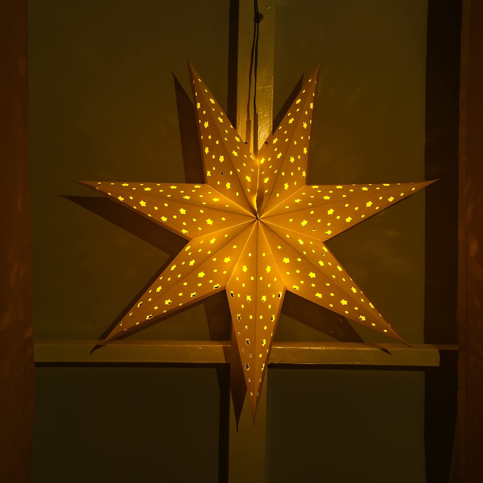 Mudder 19.7 Inch Christmas Star Paper Lantern 7 Pointed Christmas Window Lantern with 10 LED Light Strings Hanging Pendant Xmas Tree Ornaments for Holiday Decor Home(Classic,White)