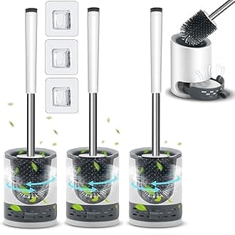 Pack of 3 Silicone Toilet Brush with Holder Stand, Quick Drying Toilet Bowl Cleaner Brush and Stand, Pot Commode Bathroom Tile Cleaning Scrubber Brushes