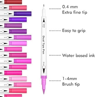 SUPER TOY 12 Dual Tip Brush Pens Felt Tip Art Markers Pen Set 12 Colors for Kids Adults Colouring Book Supplies Fineliner Tip Brush Marker for Drawing Sketching
