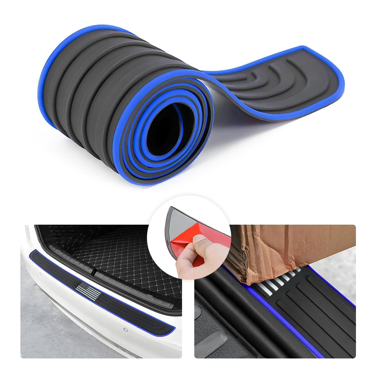 Car Rear Bumper Protector Guard, Anti-Scratch Abrasion Rubber Trunk Door Entry Sill Guard, Non-Slip Vehicle Trim Cover Protection Strip, Car Accessories (Blue Edge/Black Flag/40.9"x3.5")