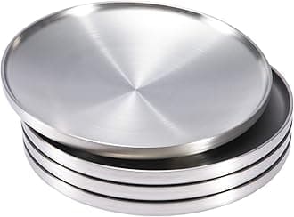 Sumerflos 304 Stainless Steel Dinner Plate, 9" Double-layer Round Dessert Plate, Feeding Serving Camping Salad Plate for Kids, Outdoor Camping, Snack and BBQ - Set of 4