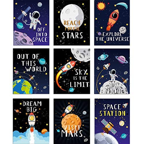 Blulu 9 Pieces Outer Space Decor for Kids Room Boy Bedroom Space Posters 8 x 10 Inch Cute Inspirational Art Decoration for Boys and Girls Playroom Nursery