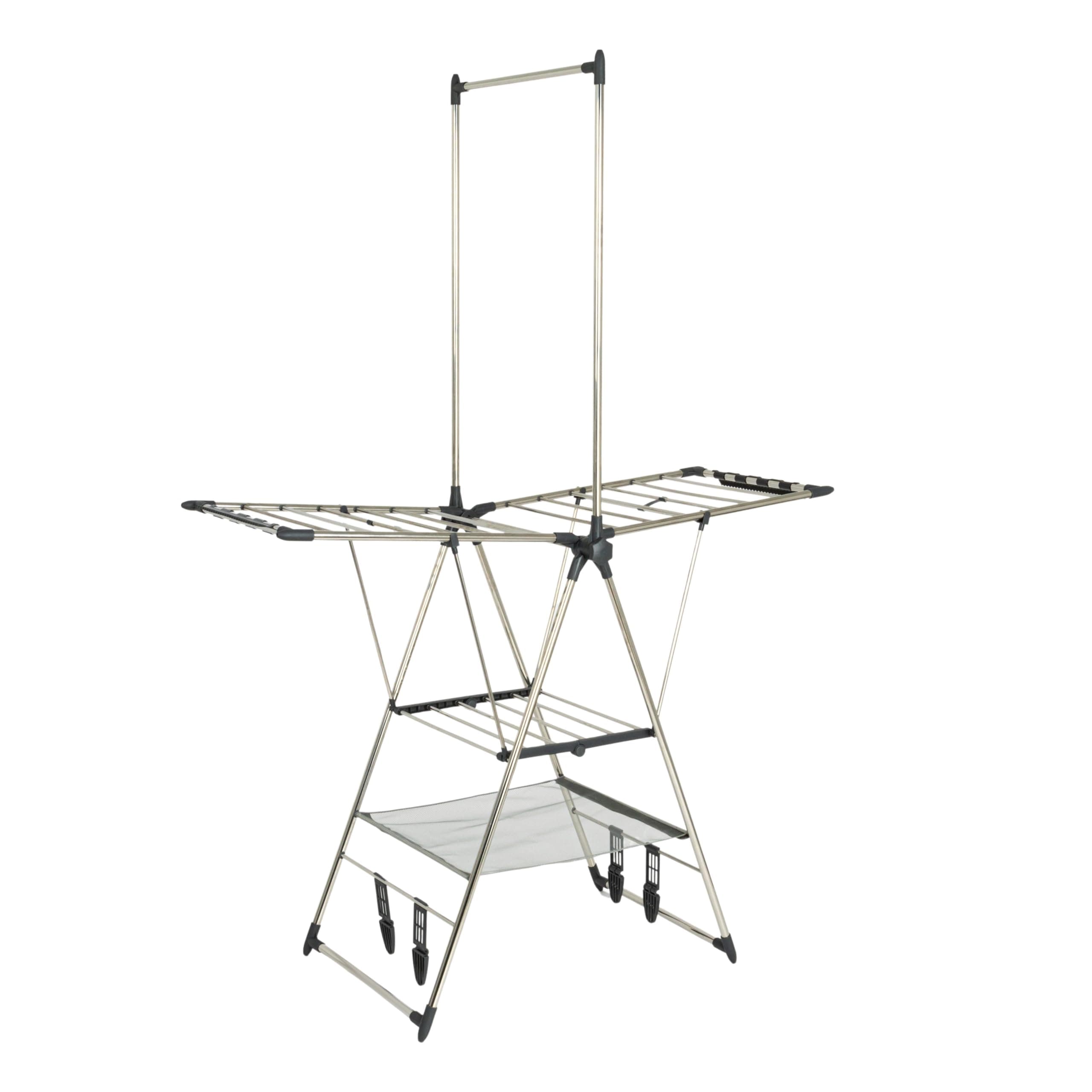 Multi Tier Stainless Steel Laundry Drying Rack with T Bar and Two Side Wings, Silver