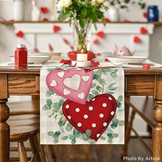 Artoid Mode Eucalyptus Polka Dot Hearts Valentine's Day Table Runner, Holiday Kitchen Dining Table Decoration for Home Party Indoor 13x72 Inch