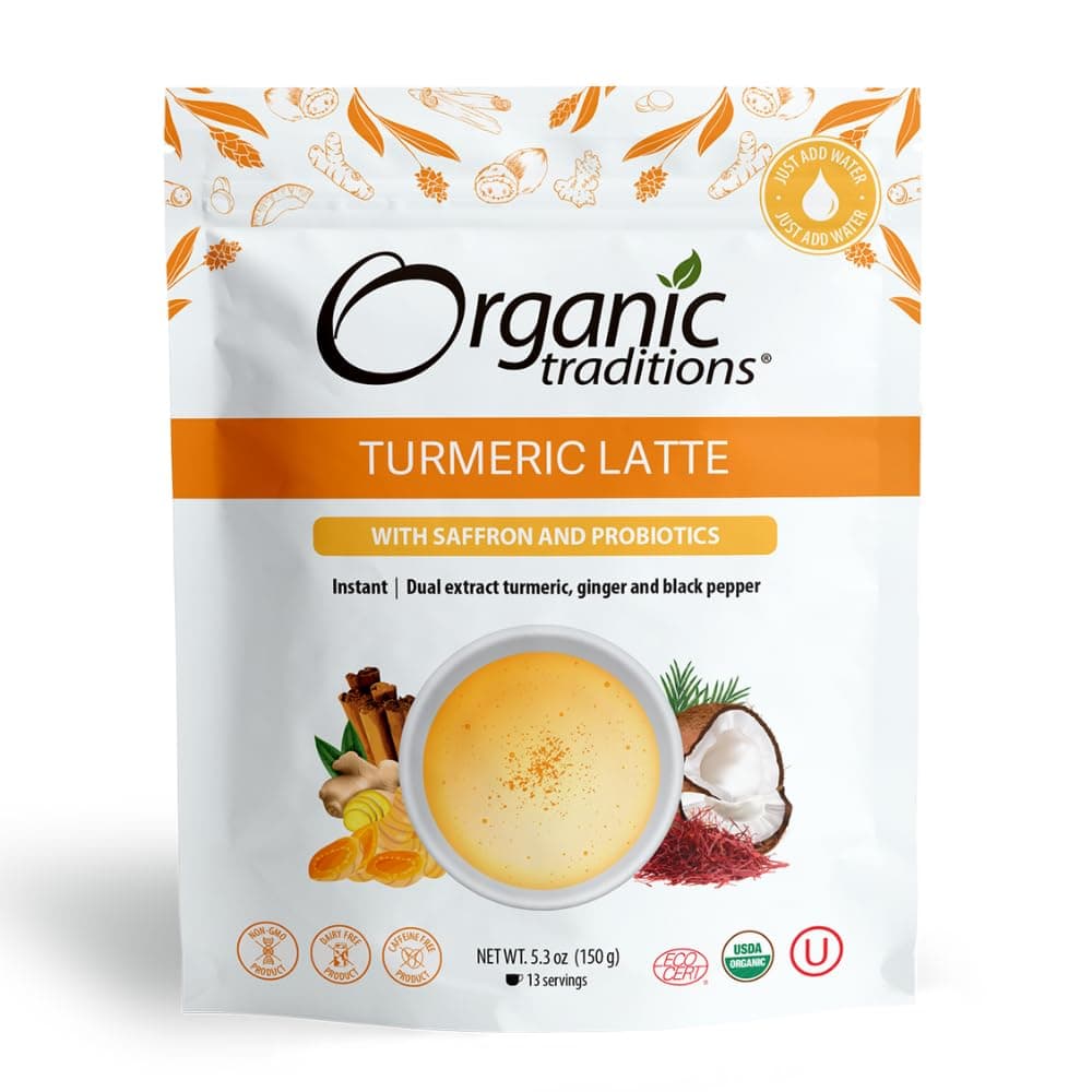 Organic Traditions Superfood Turmeric Latte Instant Golden Milk Powder (Mylk) Caffeine Free Latte Blend Turmeric Powder Organic, 100g/5.3oz Bag
