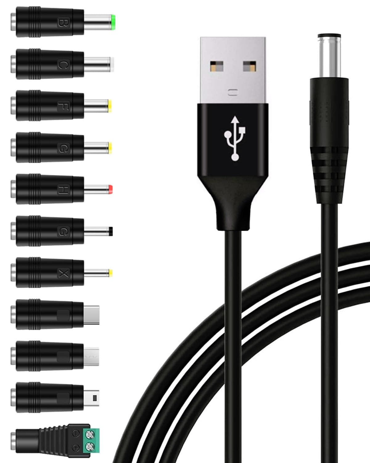 Universal USB to DC 5V Power Cord 5.5x2.1mm Plug Charging Cable with 11 Connectors Adapters(6.3x3.0, 5.5x2.5, 4.8x1.7, 4.0x1.7, 3.5x1.35, 3.0x1.1, 2.5x0.7, Type-C, Micro USB, Mini USB, LED Interface)