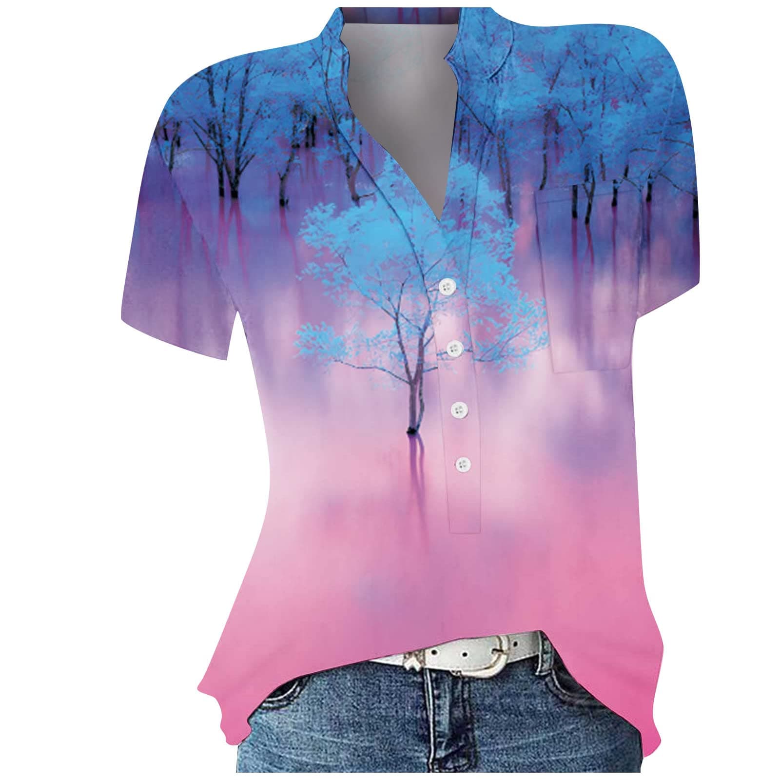 Soft Scrub Tops Woman Party Cropped Summer Basic Short Sleeve Button Dow Top Baggy Printing V Neck Polyester Scrub for Women