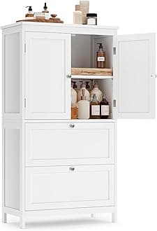 Bathroom Floor Storage Cabinet, Bathroom Storage Unit, Freestanding Cabinet with 2 Drawers and 2 Doors, Adjustable Shelf, 11.8 x 23.6 x 43.3 Inches, White UBBC551WH01S
