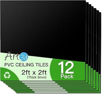 Art3d 24"x24" Smooth Drop Ceiling Tiles (48 Sq.Ft), 12-Pack 2ft x 2ft PVC Tiles for Home and Office, Waterproof and Reusable Plastic Ceiling, Black