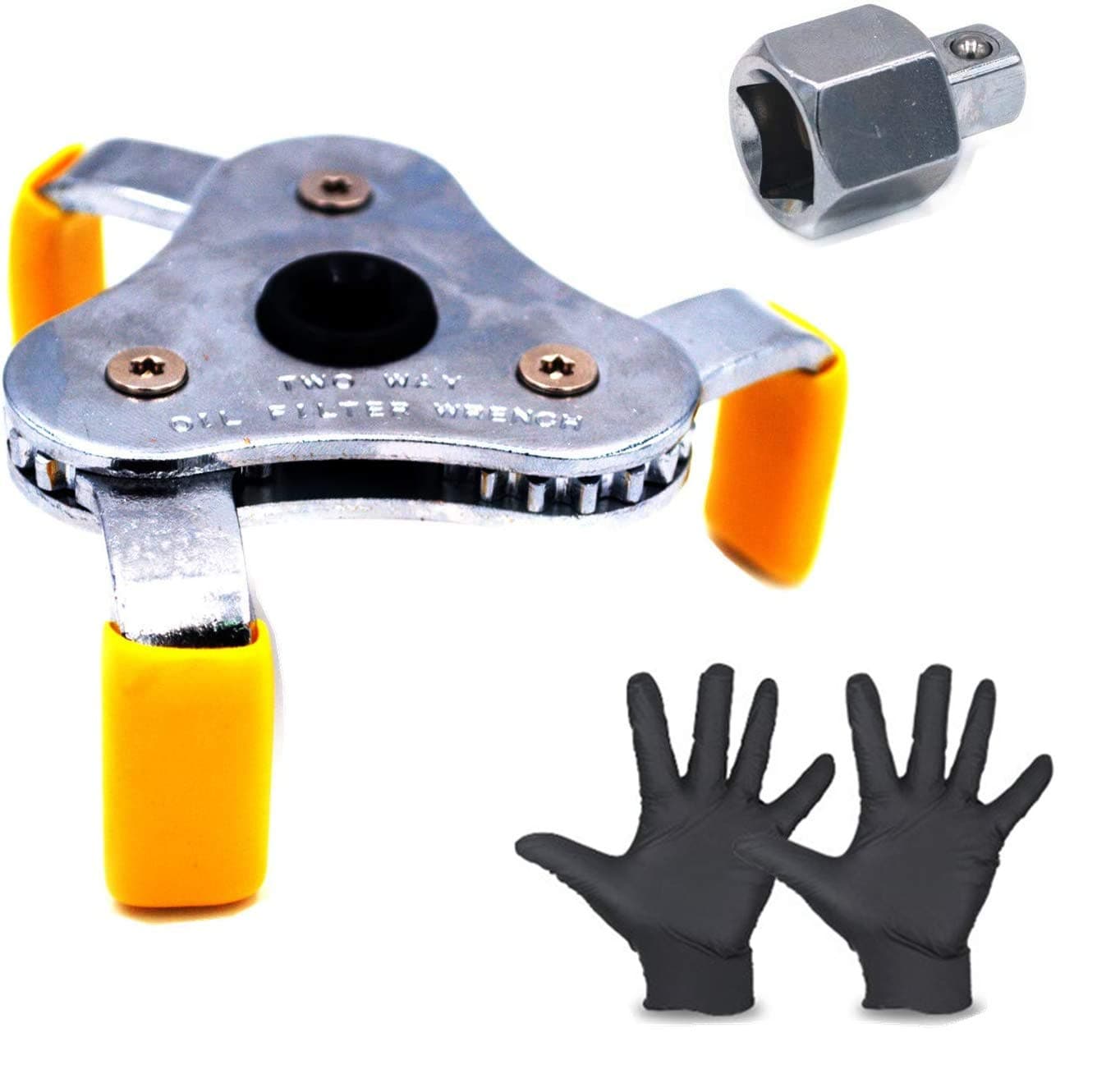 3 Jaw Oil Filter Wrench Range 2-1/2 Inch from 4 Inch with Scratch Protection and Free Gloves Fits ⅜ and ½ inch Drive