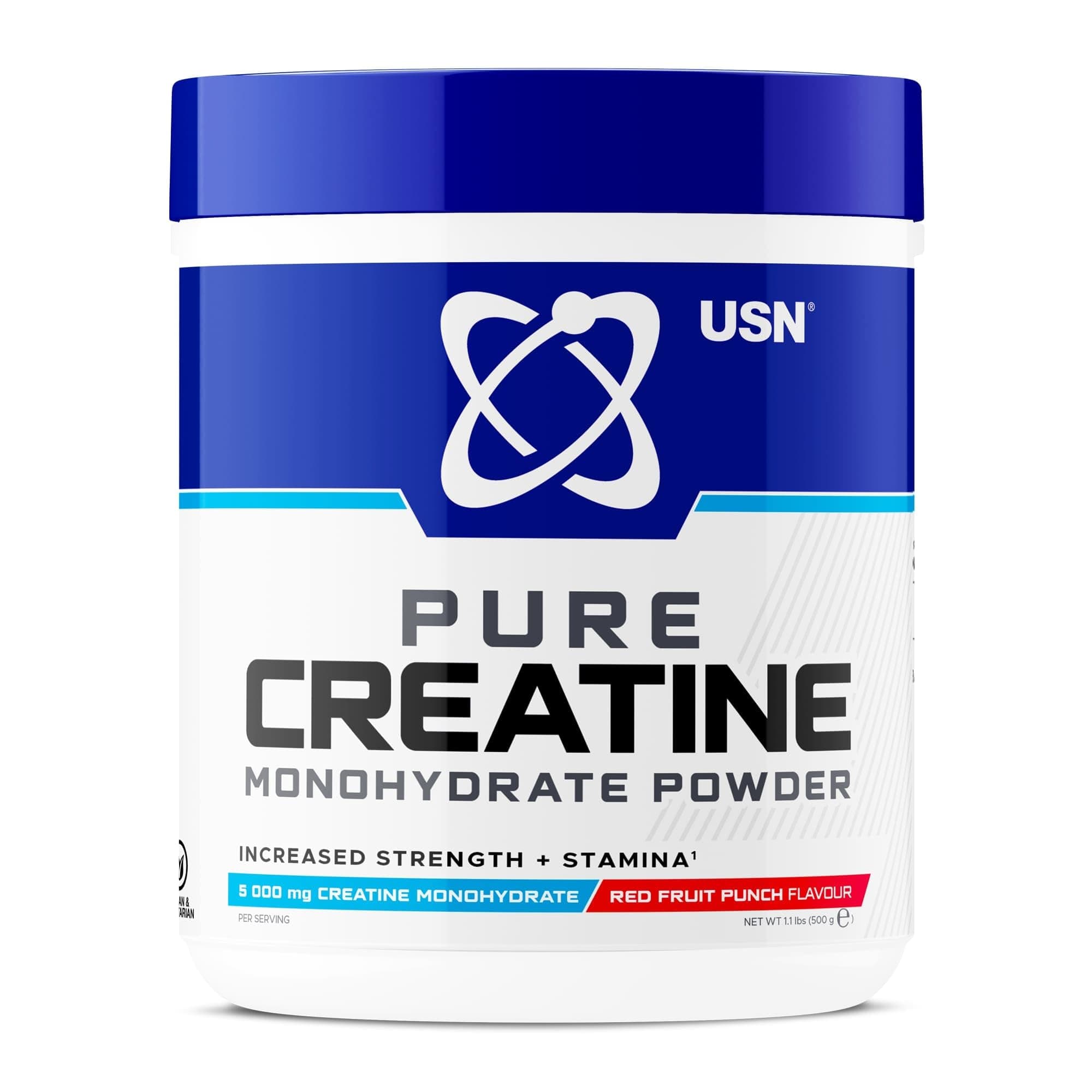 USN Micronised Creatine Powder 500g (79 Servings): Red Fruit Punch Flavour, 100% Pure Creatine Monohydrate Powder for Performance and Muscle Recovery, Suitable for Vegans