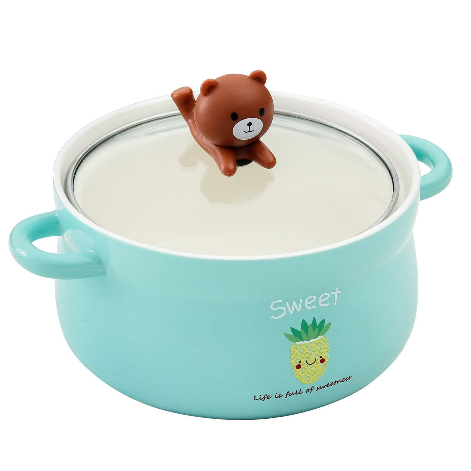 32oz Cute Big Ceramic Bowl with Lid and Handle for Soup/Rice/Salad/Instant/Noodle/Vegetables Fruit (Green Bear, 32oz/1000ml)