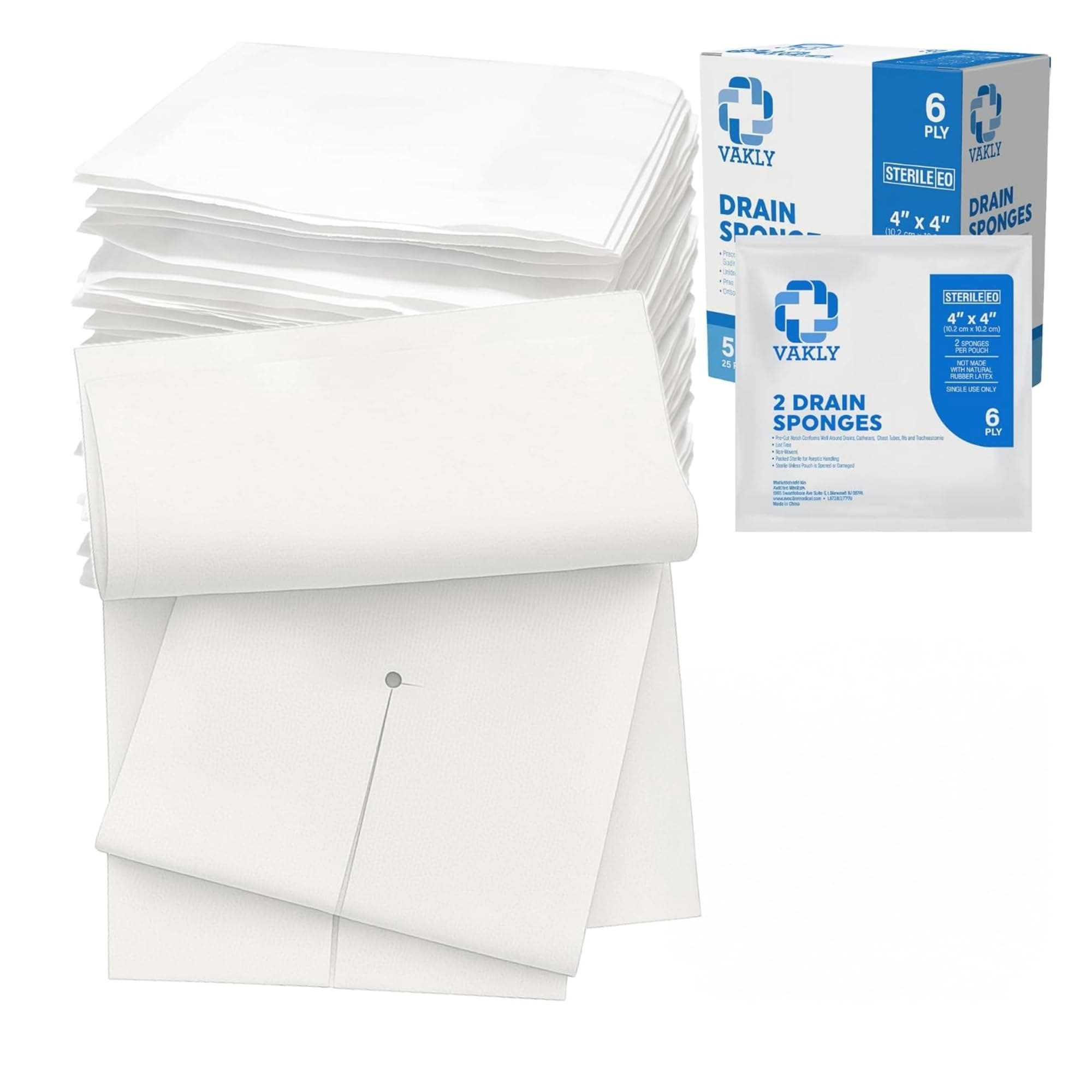 Vakly 50 Pack 4"X4" 6 Ply Split Drain Sponge - 25 Packs of 2 + 1 Roll of Medical Tape