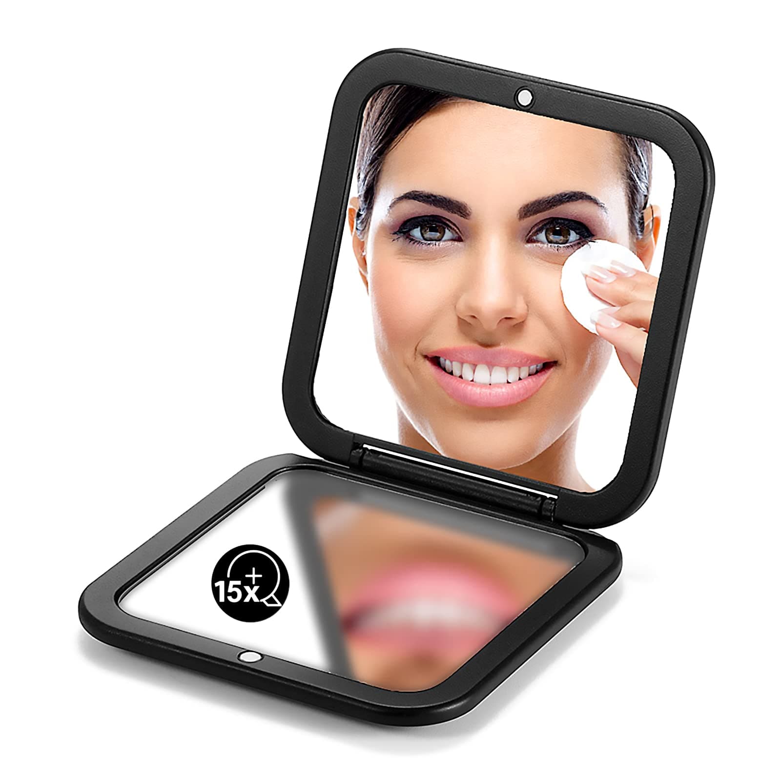 OMIROFolding Compact Mirror, 1X/15X Magnification 3½” Pocket Size Square Hand Mirror for Travel Makeup (Black)