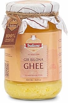 Indicow A2 Desi Cow Ghee, Clarified Butter, (500ml (16.91oz), Gir Cow Ghee), Grass Fed, Pasture Raised Clarified Butter Fat, Keto, Paleo, Lactose Free, Casein Free, Non-GMO |