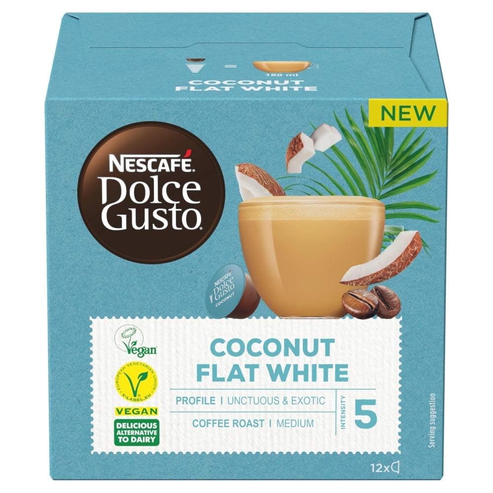 NESCAFÉ DOLCE GUSTO Plant-Based Flat White Coconut Coffee Pods - 12 Coffee Capsules - Coffee Flavour - Lactose Free Flat White - Vegan coffee, Coffee Intensity 5 (One pack)