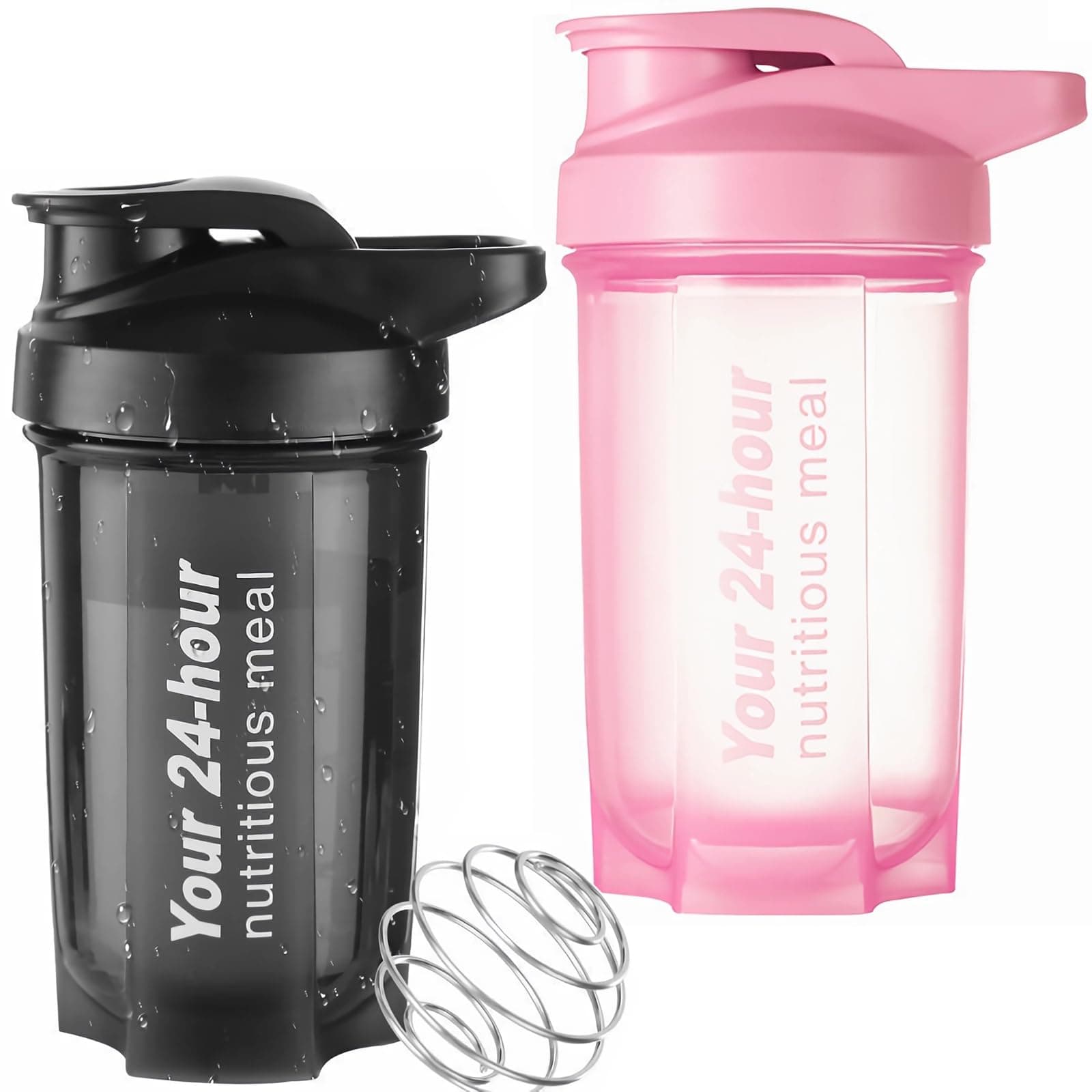 EYSOO Protein Shaker Bottle 2 Pack 500ml / 17oz Shaker Bottle for Protein Mixes Leakproof Protein Shaker BPA Free Gym Shaker Cup (Black & Pink)