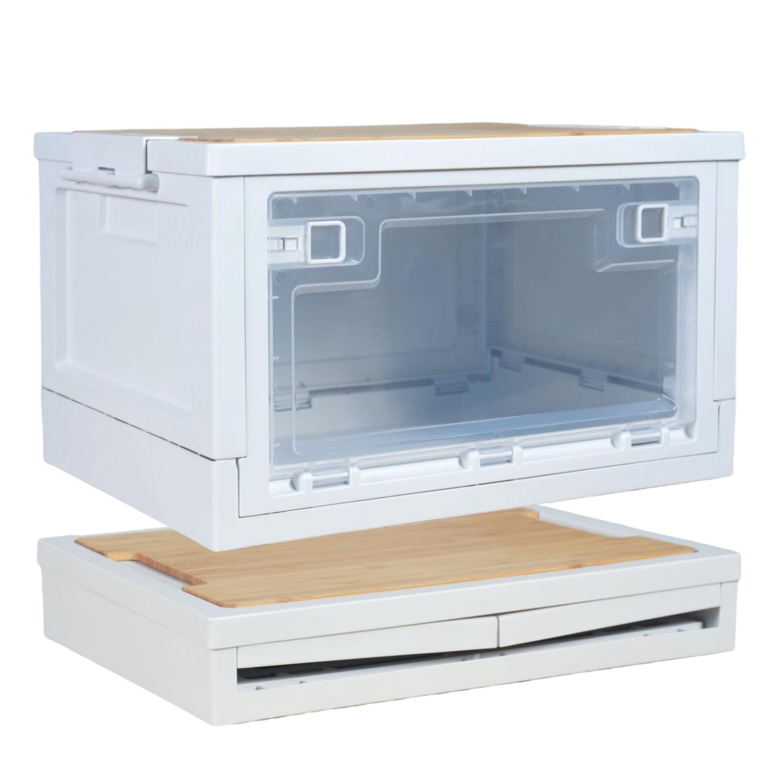 Foldable Camping Storage Box with Lid, 30L Collapsible Toy Storage Bin with Bamboo Cutting Board and Door, Stackable Storage Crate Organizer for Car Trunk, Picnic, Camping, Home, Dorm