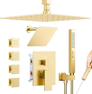Brushed Gold Shower System with Body Jets, Bostingner 4 Way Shower Faucet Set with 2 in1 Handheld,Ceiling Mount 10 Inch Shower Head with 6 Inch Shower Head,4Pcs Body Jets With Dual Head Shower Set