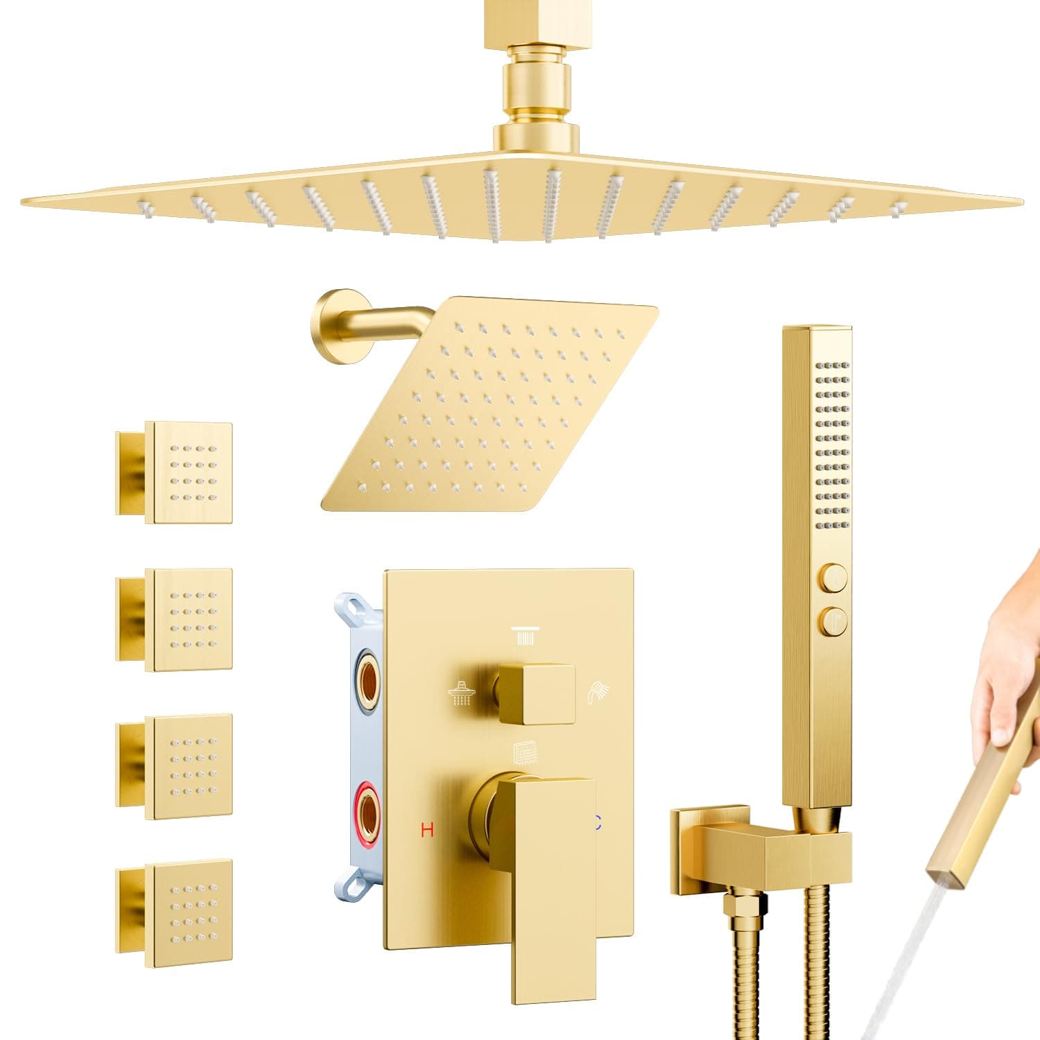 Brushed Gold Shower System with Body Jets, Bostingner 4 Way Shower Faucet Set with 2 in1 Handheld,Ceiling Mount 10 Inch Shower Head with 6 Inch Shower Head,4Pcs Body Jets With Dual Head Shower Set