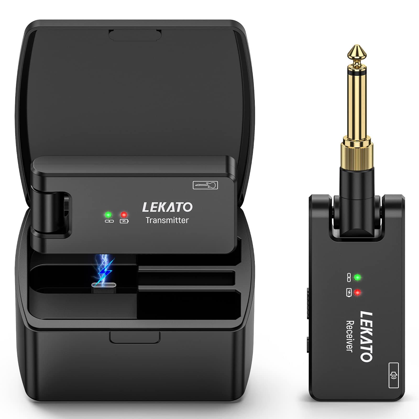 LEKATO - Guitar Wireless System with Charging Case, 2.4GHz Rechargeable Wireless Transmitter Receiver, Guitar Wireless System, 4 Channel with Dual Sockets, 3.5mm/6.35mm