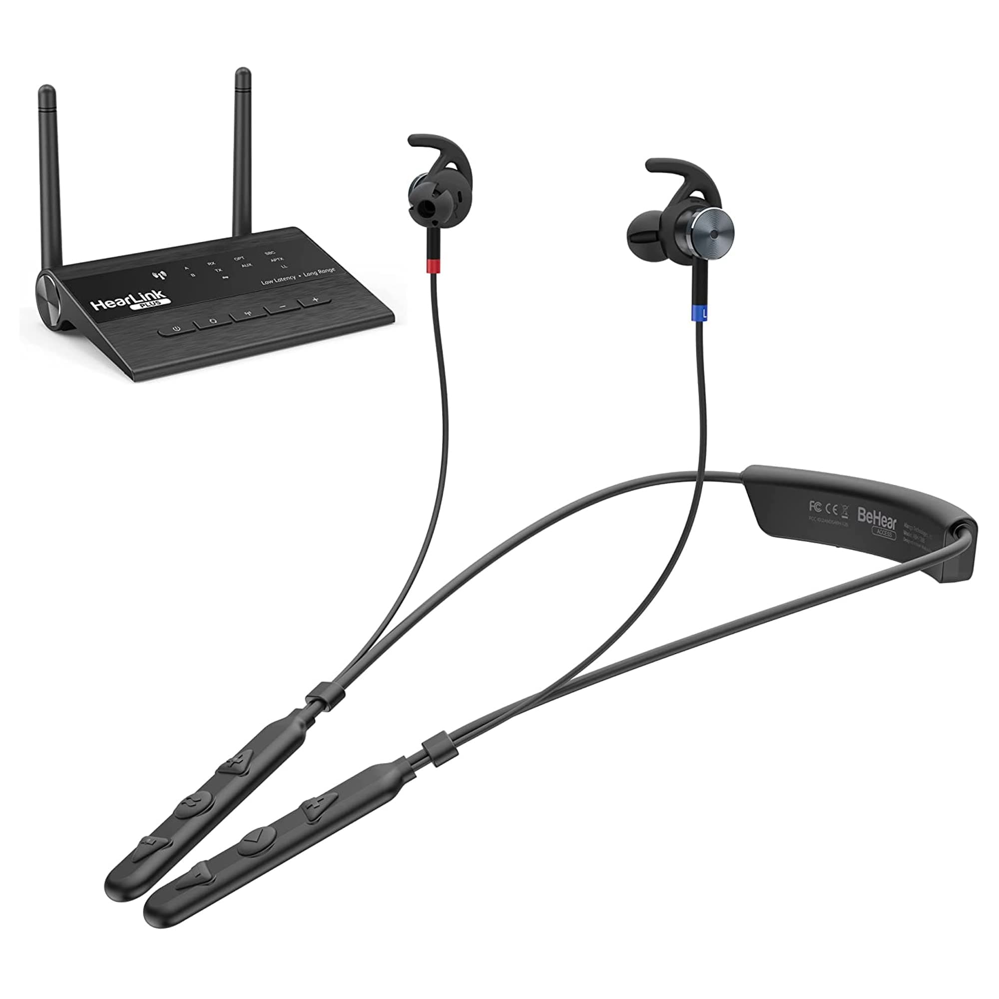 BeHearAccess and HearLink Sound System for TV watching: TV Bluetooth Audio Transmitter, Wireless Headset and Hearing Amplifier Headphones - Personal Sound Amplifier, Long Range and Low Latency Device