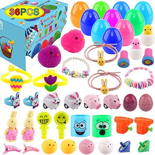 FUNNISM 36 Pieces Toy Filled Easter Eggs 2.5'' Bright Colorful Prefilled Plastic Surprise Eggs with Different Kinds of Toys,Easter Basket Stuffers for Boys Girls Easter Egg Hunt Kids Party Favors