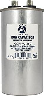 Appli Parts Run Capacitor for ac 70 Mfd uF (microfarads) 370 VAC or 450 VAC CBB65 Round Universal fit for hvac and other applications 4-3/4 in High 2 in Wide CON-70-450