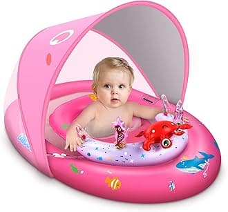 LAYCOL Baby Pool Float with Adjustable Canopy UPF50+ Sun Protection and Ocean Animal Toys, Inflatable Pool Floats for Pool Toy, Baby Beach Essentials with Safety Seat, Toddler Floaties for 6-36M