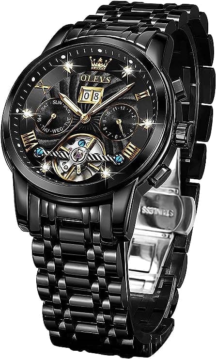 Automatic Men Watch Black Face Tourbillon Self Winding Mechanics Luxury Business Stainless Steel Strap Luminous Waterproof Wrist Watch