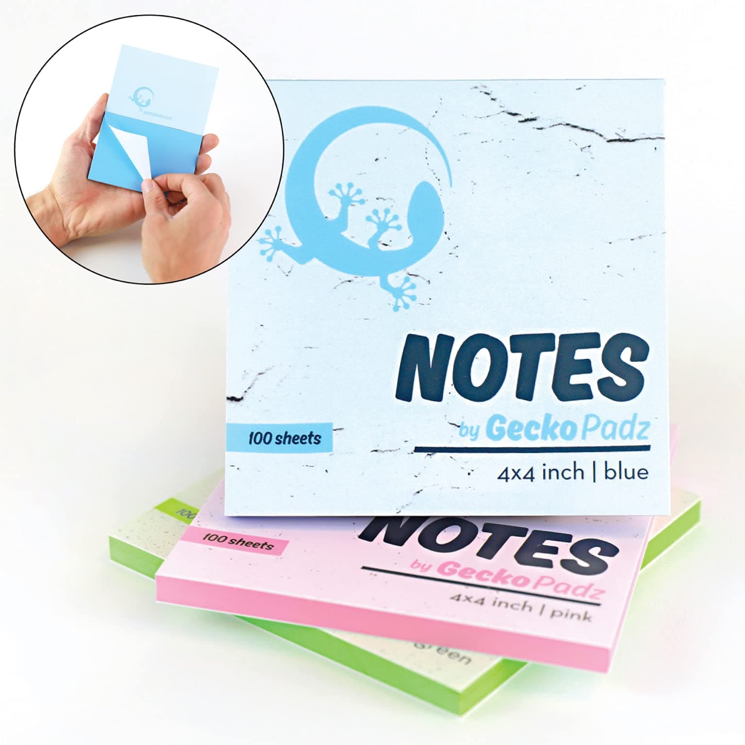 Sticky Notes 4x4 inch | GeckoPadz Static Cling to Any Surface with No Adhesive | Reusable White Dry Erase Side | Great for Classroom Supplies and at Home Office | 3 Pack, 300 Sheets