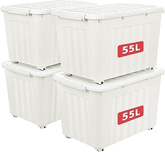 Cetomo 55L*4 Plastic Storage Box,White, Tote box,Organizing Container with Durable Lid and Secure Latching Buckles, Stackable and Nestable, 4Pack, with Buckle