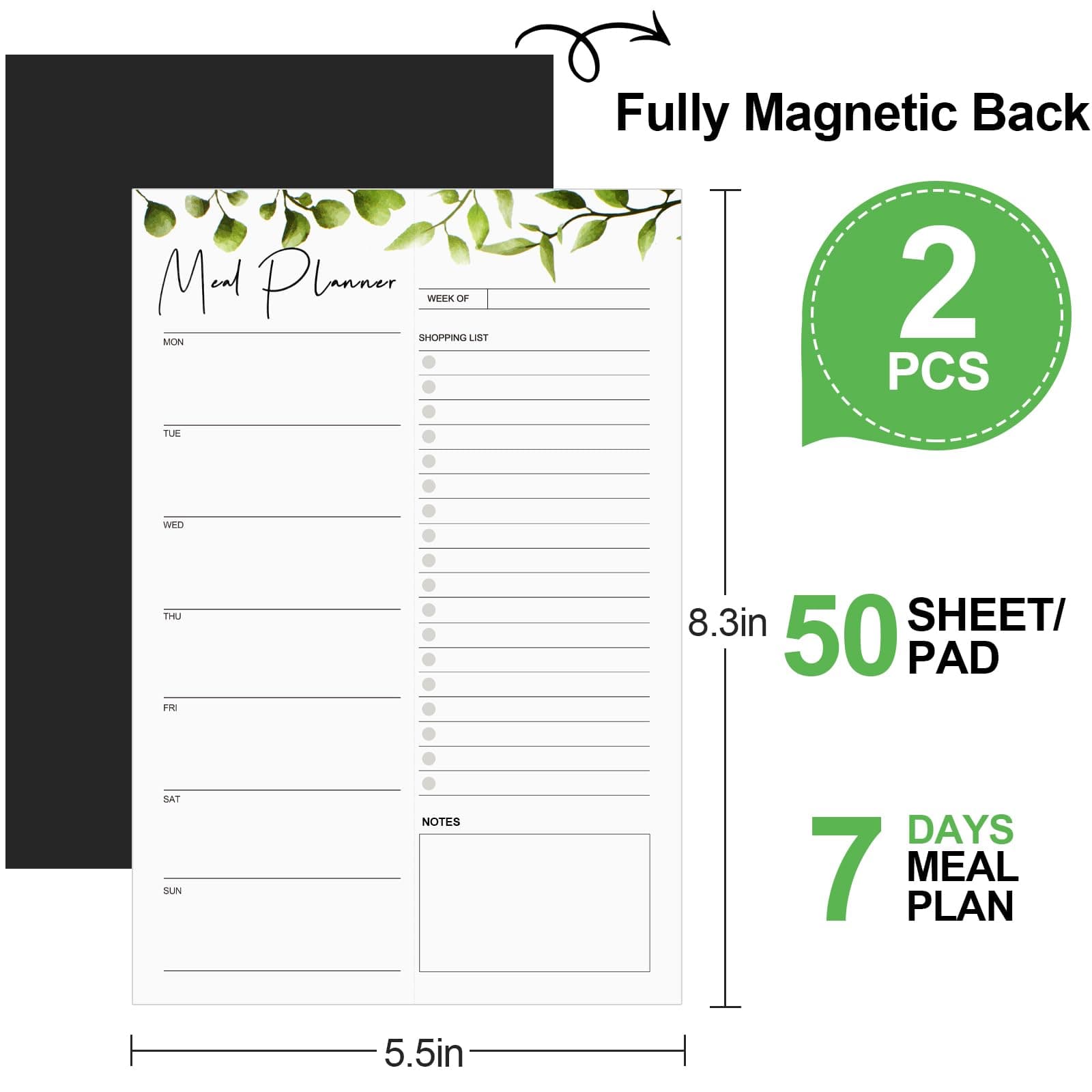 Joyberg 2 PCS Weekly Meal Planner Magnetic for Fridge 8.3x5.5”, Undated Meal Planner and Grocery List Tearable Shopping List, Magnetic Menu Planner for Fridge for Weekly Plan - 50 Pages/Book