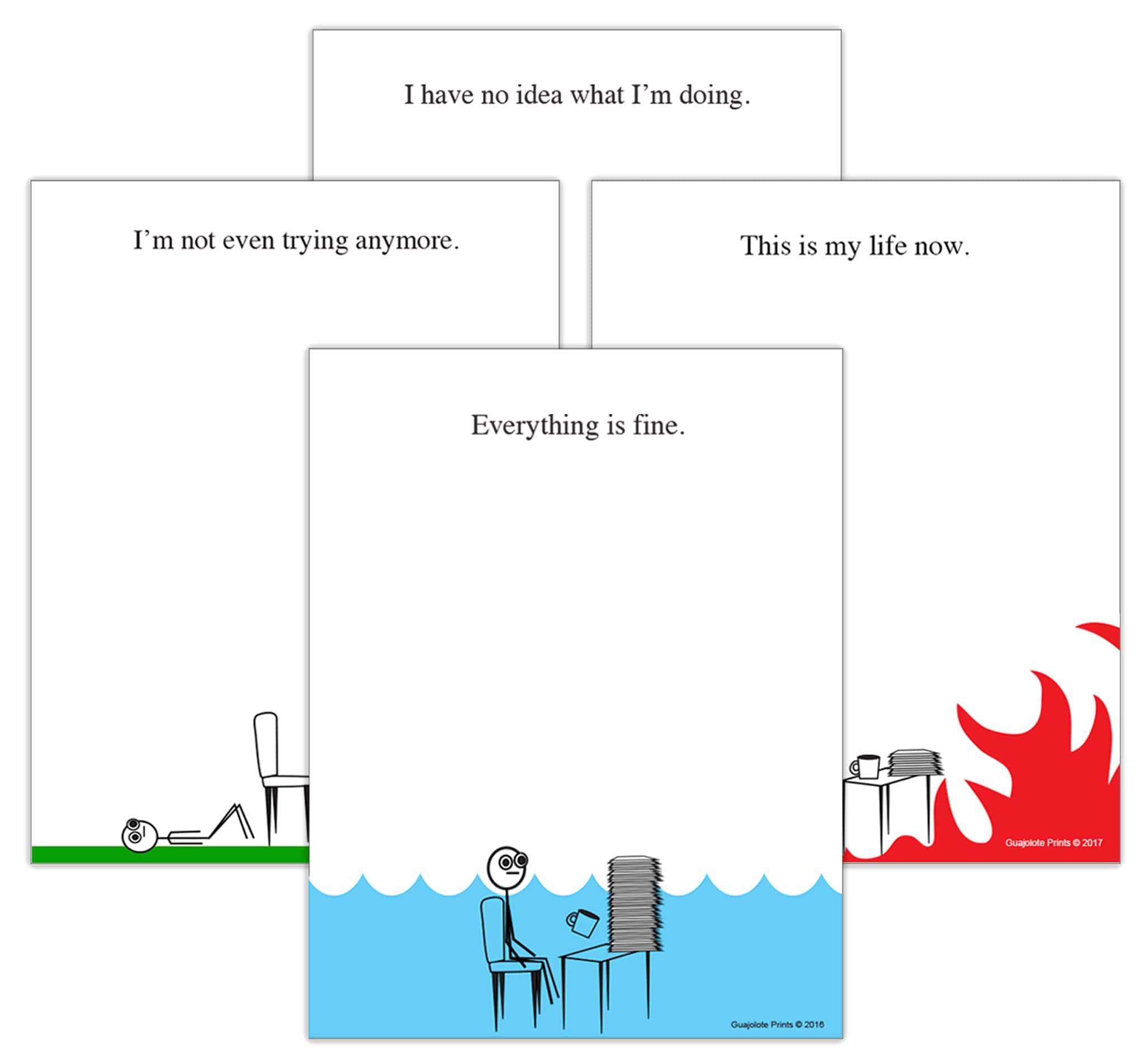 Funny Notepads (4-Pack) — Office & Work From Home Gag Gift for Coworkers or Friends — Sarcastic Desk Memo Pads — Everything Is Fine, This Is My Life Now, I Have No Idea What I’m Doing, I’m Not Even Trying Anymore
