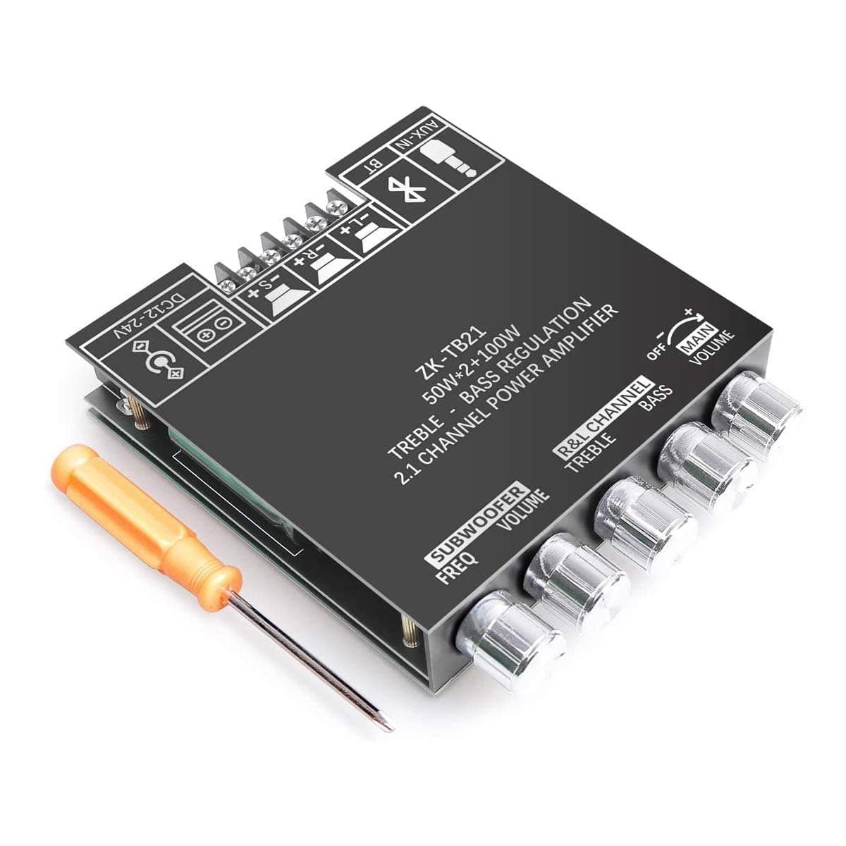 2x50W +100W 2.1 Channel Subwoofer Amplifier Board with Treble and Bass Control Dual TPA3116 Chip DC 12-24V Bluetooth and AUX Inputs DIY Wireless Speakers AMP Board