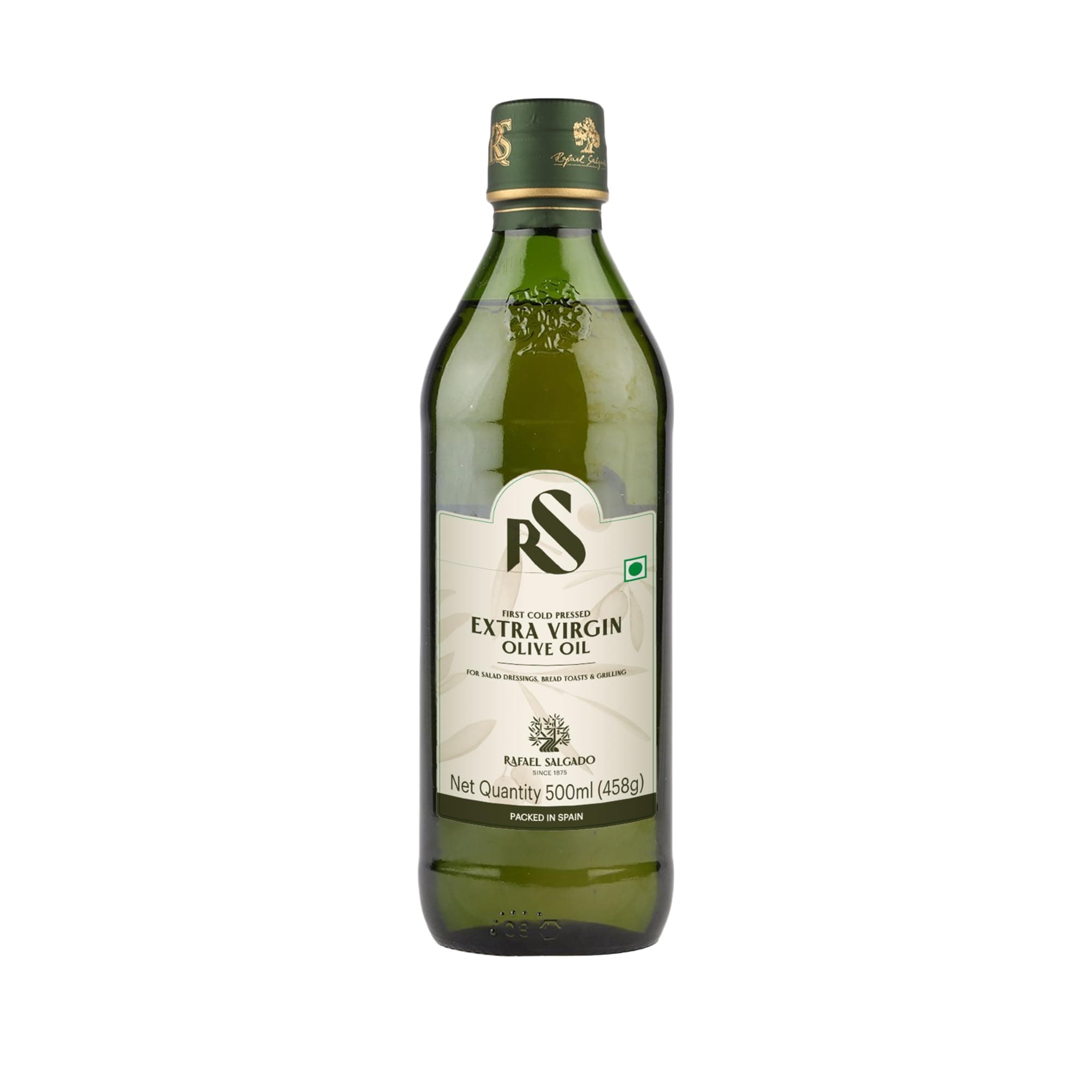 RS Extra Virgin Olive Oil | First Cold Pressed Oil | Made & Packed in Spain | Good for Salad Dressing & Flavouring | Zero Cholesterol & Trans Fat - Glass Bottle - 500 ml