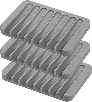 Self Draining Soap Dishes, 3 Pcs Silicone Soap Saver, Waterfall Drainer Soap Holder for Bathroom, Extend Soap Life, Keep Soap Bars Dry Clean & Easy Cleaning (Gray)