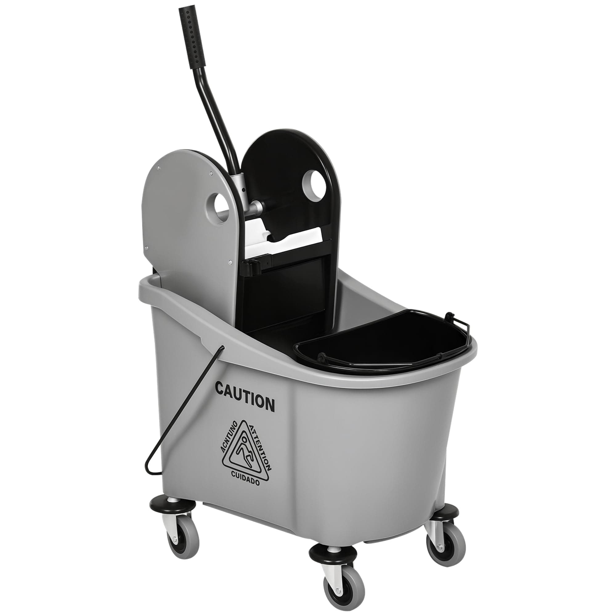 HOMCOM 9.5 Gallon (38 Quart) Mop Bucket with Wringer Cleaning Cart, 4 Moving Wheels, 2 Separate Buckets, & Mop-Handle Holder, Grey