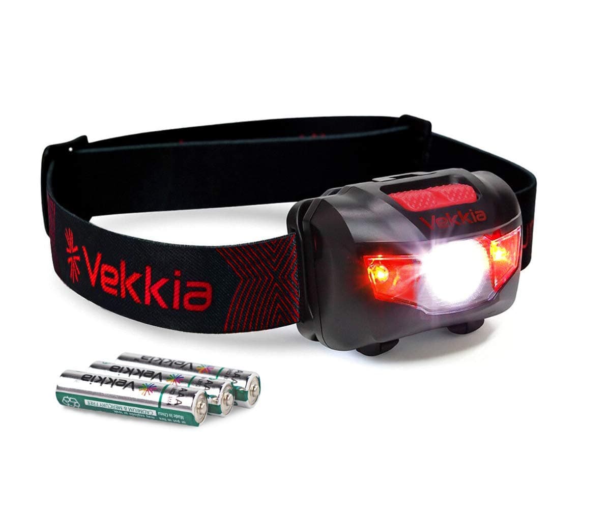 VEKKIA Ultra Bright LED Headlamp - 5 Lighting Modes, White & Red LEDs, Adjustable Strap, IPX6 Water Resistant. Great for Running, Camping, Hiking & More. Batteries Included