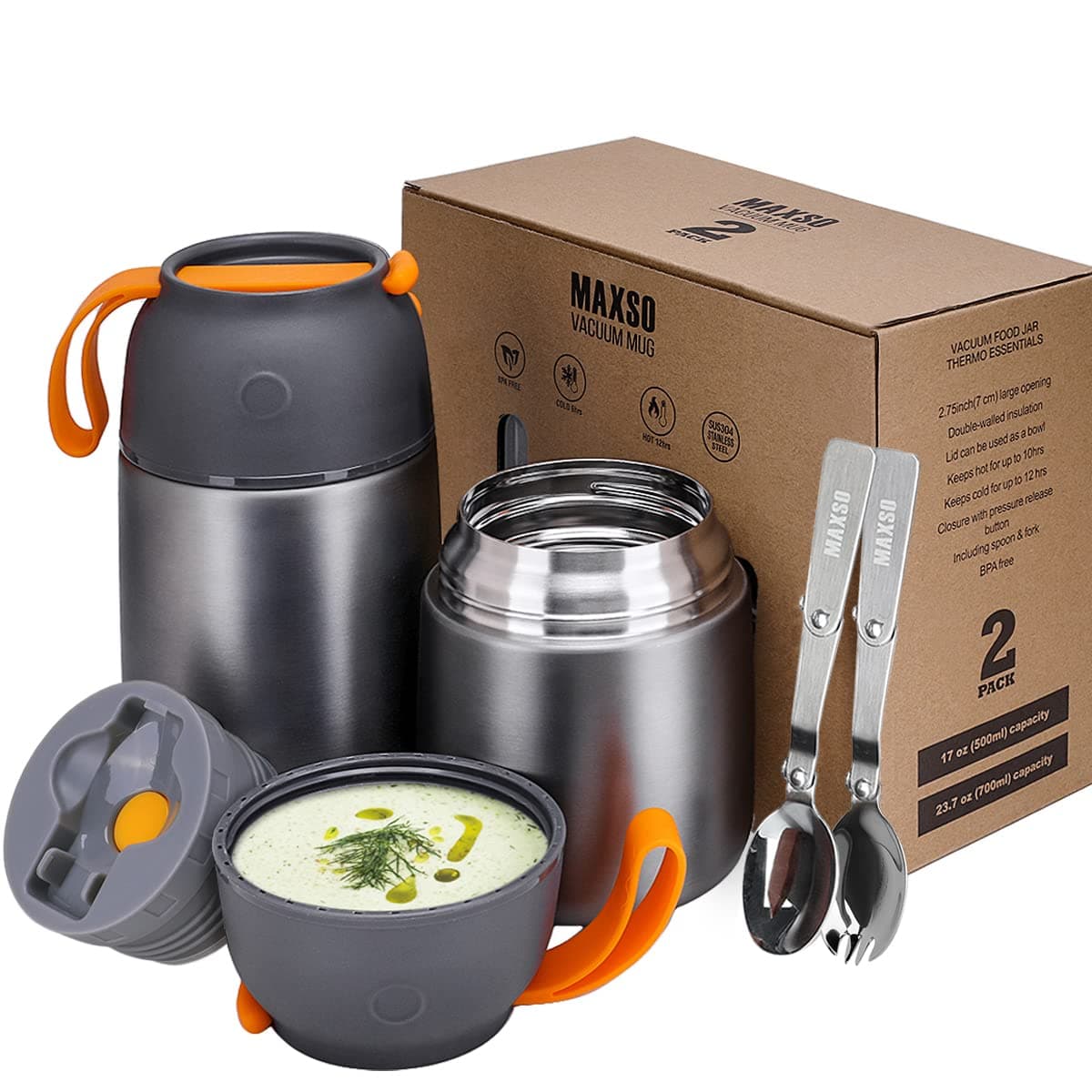 MAXSO 2 Pack Soup Thermo for Hot & Cold Food for Kids Adults, Vacuum Insulated Food Jar Thermal Lunch Containers, Travel Food Flask with Spoon (24 oz,17 oz) (Grey)