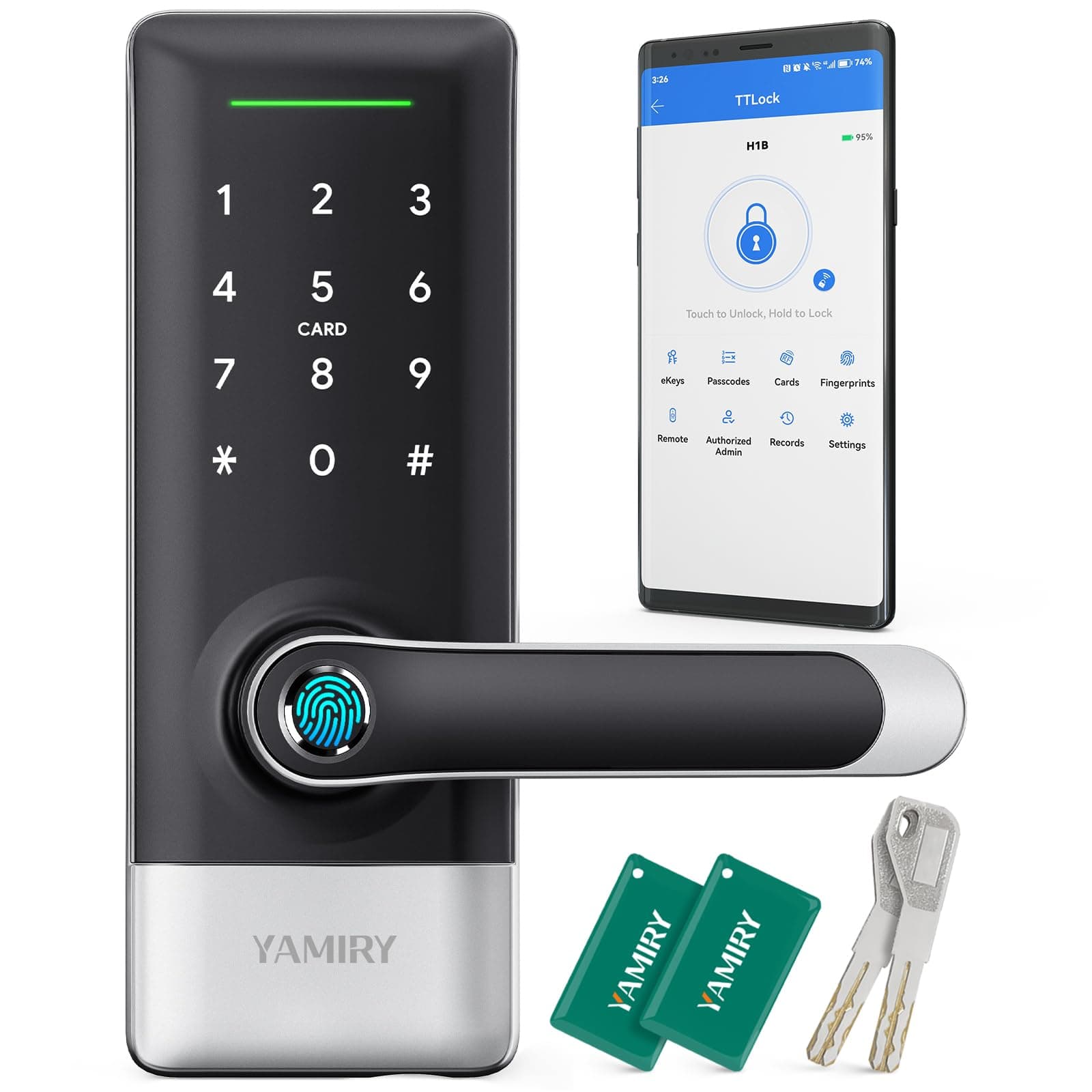 Smart Door Lock, Biometric Fingerprint, Keyless Entry, App Control, 6 Ways to Unlock, DIY Installation (Silver)