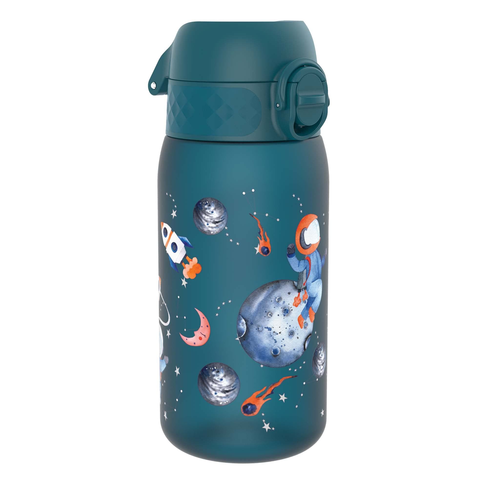 Small Water Bottle, 350 ml/12 oz, Leak Proof, Easy to Open, Secure Lock, Dishwasher Safe, BPA Free, Carry Handle, Flip Cover, Easy Clean, Odor Free, Carbon Neutral, Deep Teal, Space Travel Design