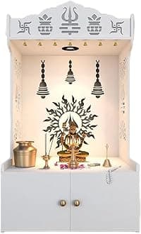 White Wooden Temple for Home with Spacious Shelf Inbuilt Focus Light White Big Temple (Size-18D*22.5W*38H inch)