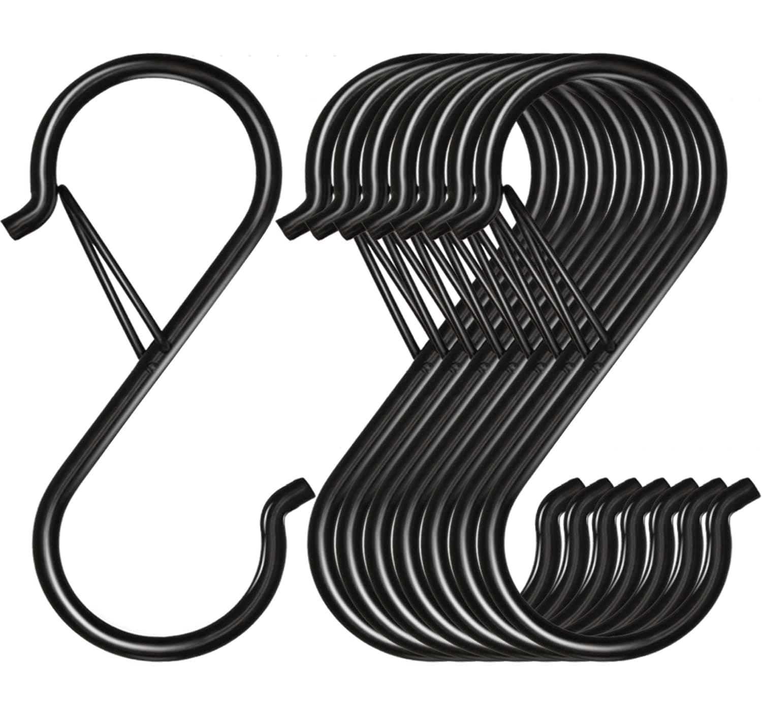 8 Pack S Hooks for Hanging, 3.5 inch Heavy Duty Metal S Hooks with Safety Buckle S Shaped Hooks Pot Rack Closet Hooks for Hanging Plants, Clothes, Kitchen Utensil, Pots, Pans, Bags (Black)