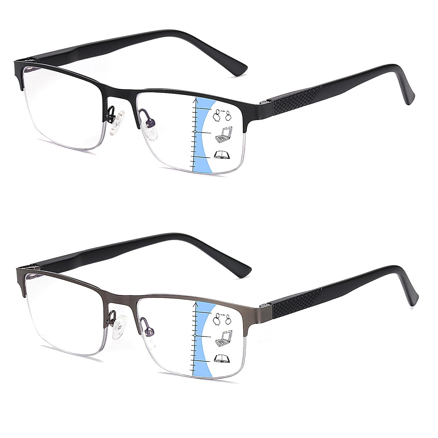 Mens 2 Pack Multifocus Reading Glasses Semi-rimless Multifocal Readers