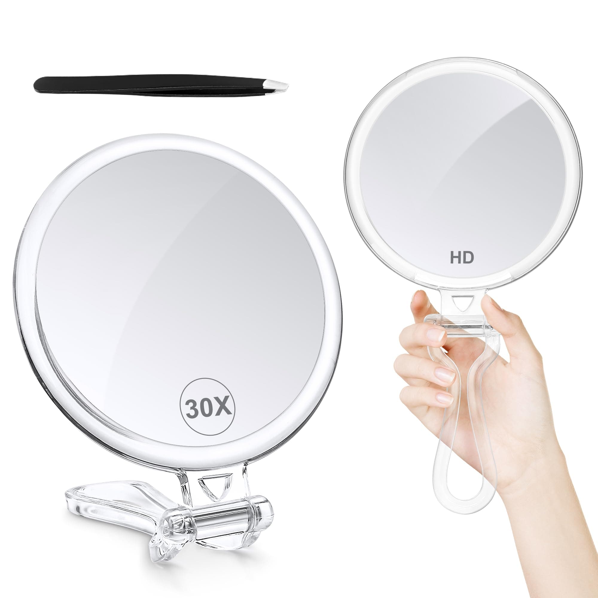 B Beauty Planet 5"L x 5"W 24.13"H Compact, Modern Silver Frameless Metal Handheld Magnifying Mirror with Double-sided 1x & 30x Magnification for Travel, Makeup & Living Room