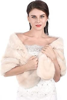 Women's Wedding Fur Wraps and Shawls Bridal Fur Stoles Scarf with Rhinestones Brooch for Bride and Bridesmaids