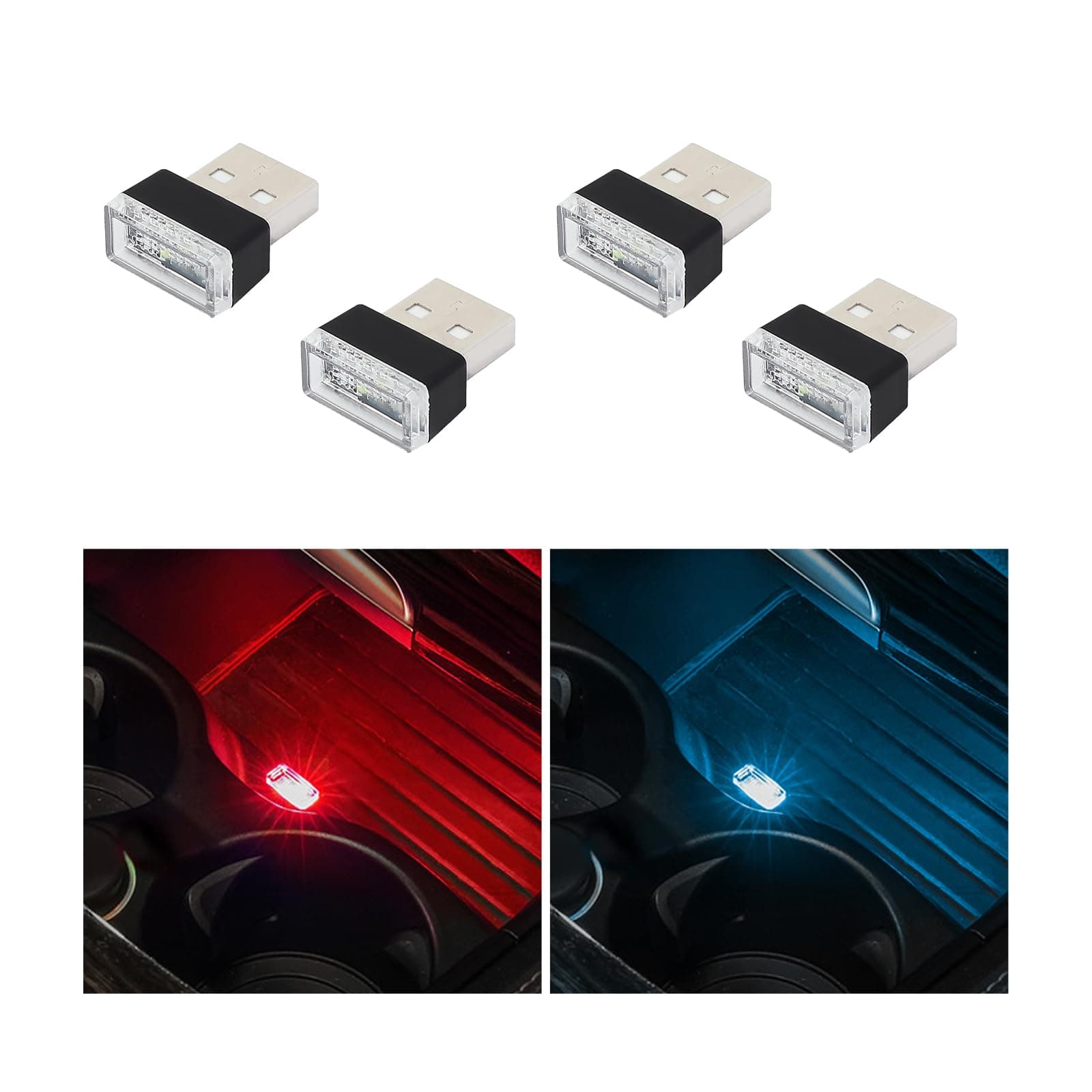 Augeny 4 PCS USB LED Car Interior Atmosphere Lamp, Plug-in USB Decor Night Light, Portable Auto Ambient Lighting Kit, Universal Vehicle Interior Accessories for Most Cars (2 Red+2 Ice Blue)